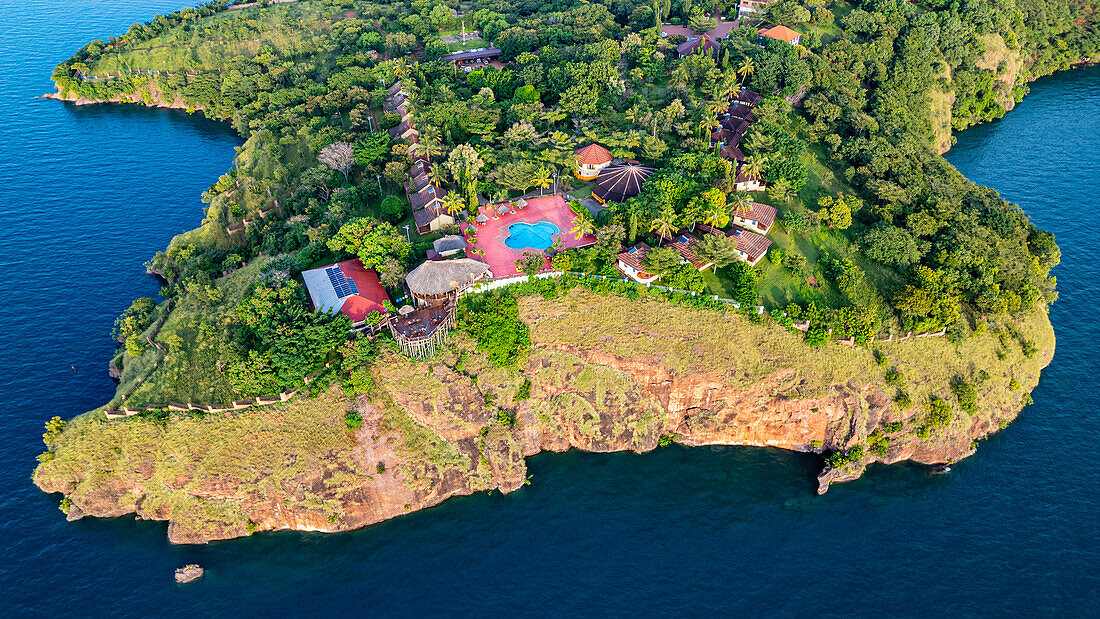 Aerial of a luxury hotel in Kigoma, Lake Tanganyika, Tanzania, East Africa, Africa