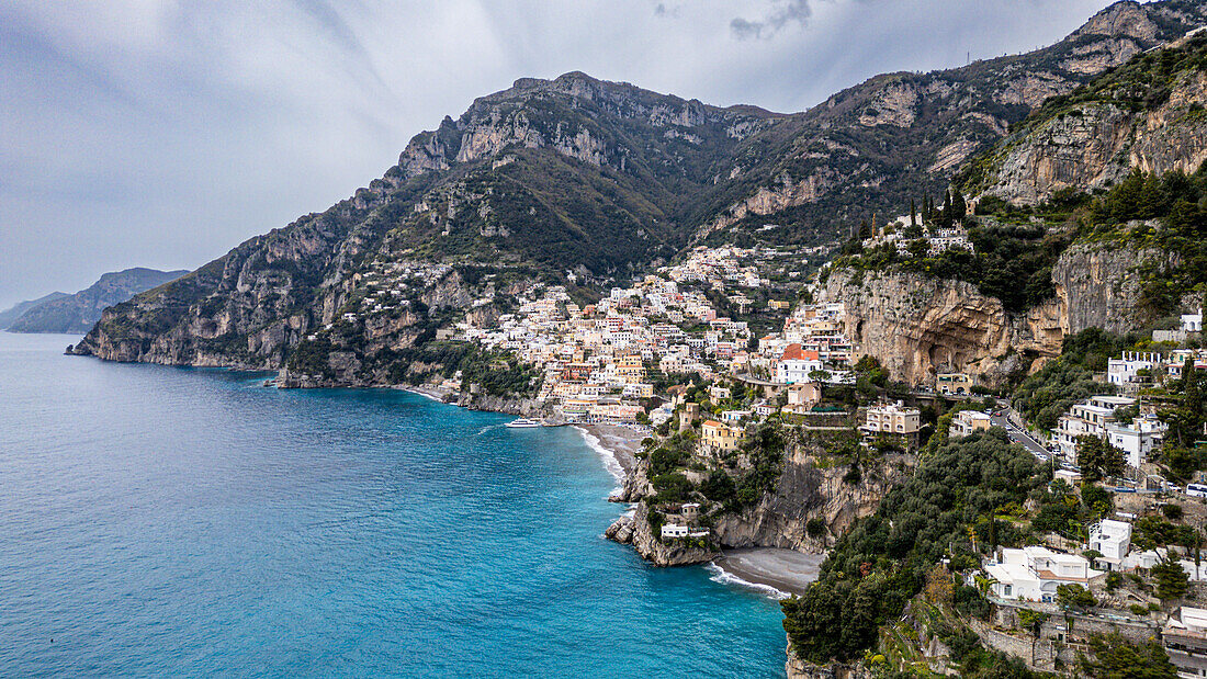 Aerial of Positano, The Amalfi Coast, UNESCO World Heritage Site, Campania, Italy, Europe