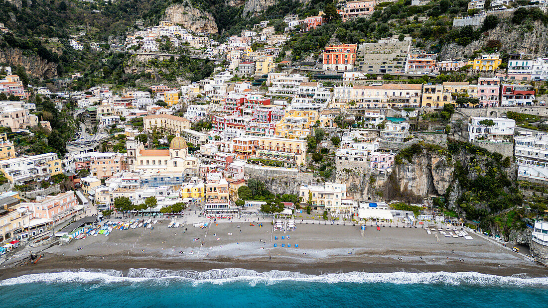 Luftaufnahme von Positano, Die Amalfiküste, UNESCO-Welterbe, Kampanien, Italien, Europa