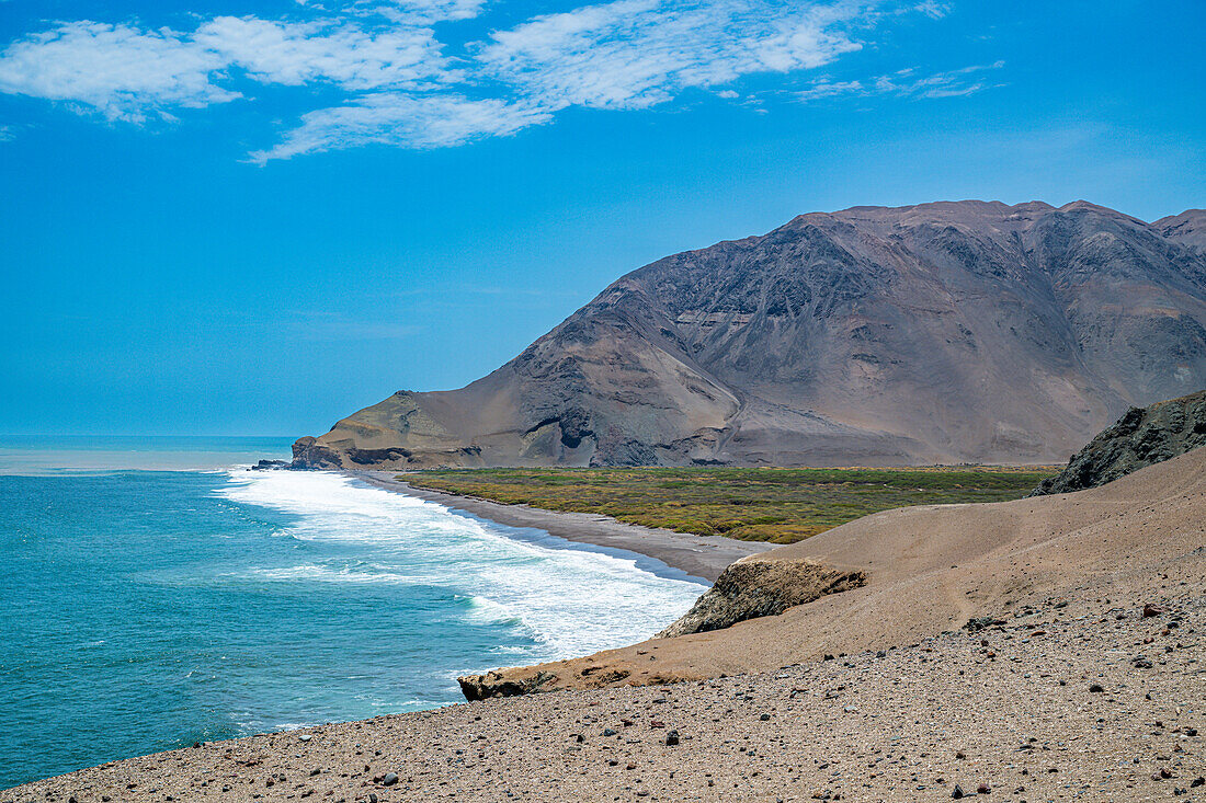 Coastline and recovery place of the Chinchorro Mummies, UNESCO World Heritage Site, Camarones Valley, northern Atacama desert, Chile, South America