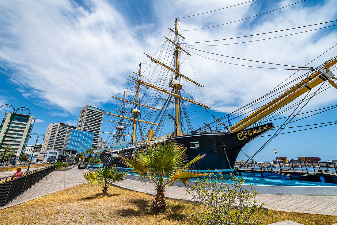 Replica of the Chilean Navy ship Esmeralda that was sunk at the Battle of Iquique in 1879, Iquique, Atacama desert, Chile, South America