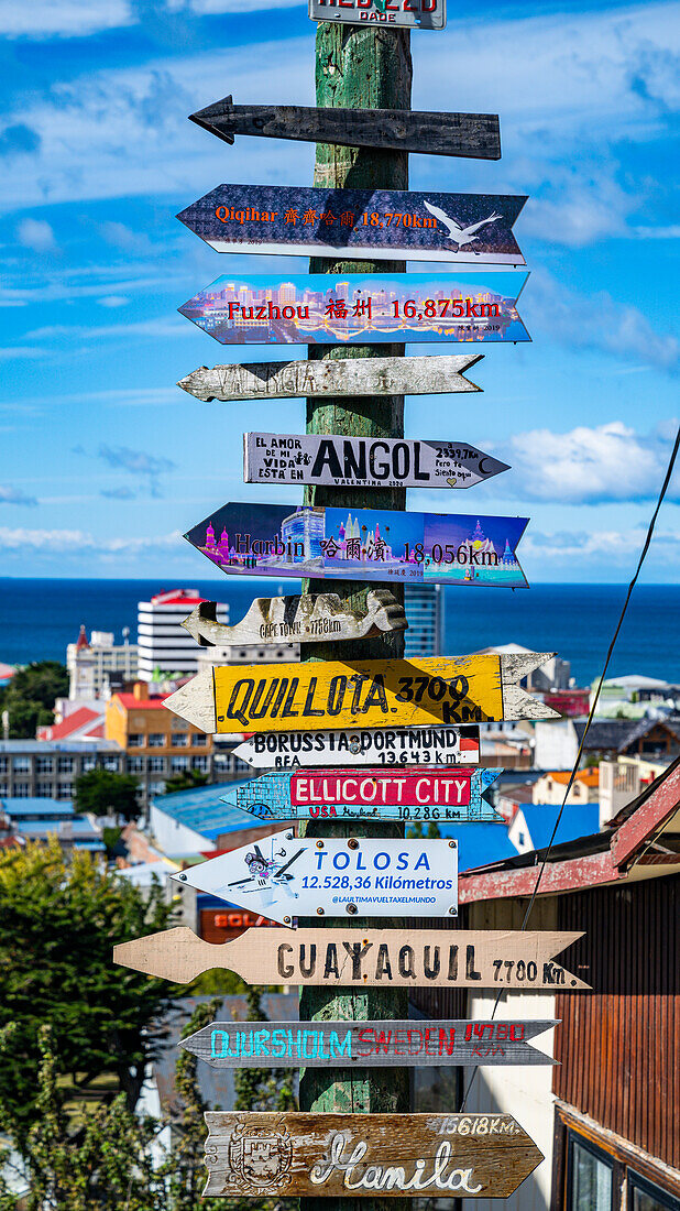 Worldwide signs, Punta Arenas, Patagonia, Chile, South America