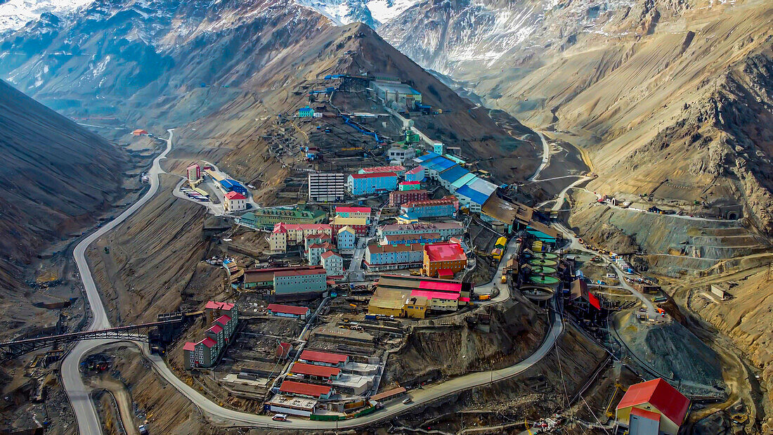 Aerial of Sewell Mining Town, UNESCO World Heritage Site, Chile, South America