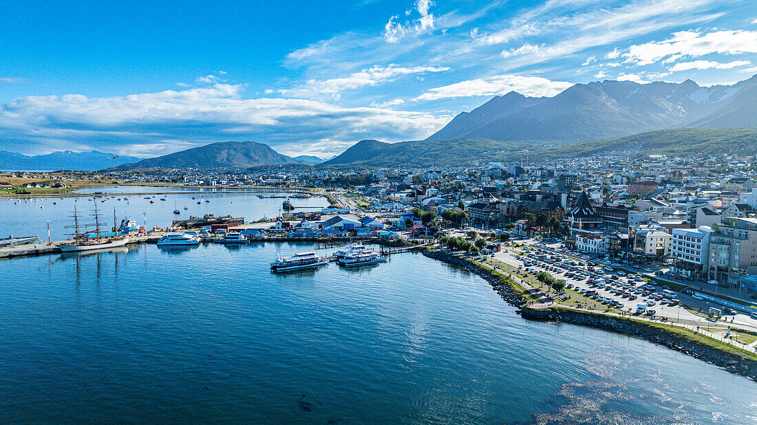 Aerial of Ushuaia, Beagle Channel, Tierra del Fuego, Argentina, South America