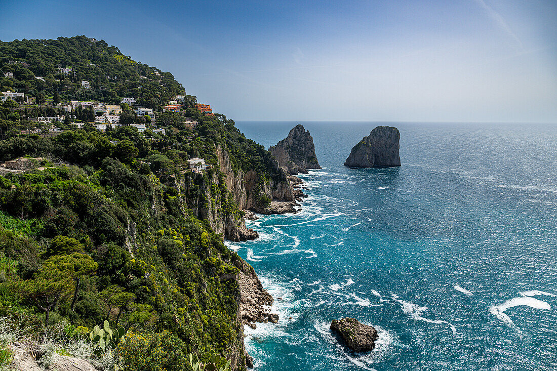 View over the coastline from the Botanical Garden, Island of Capri, Gulf of Naples, Campania, Italy, Europe