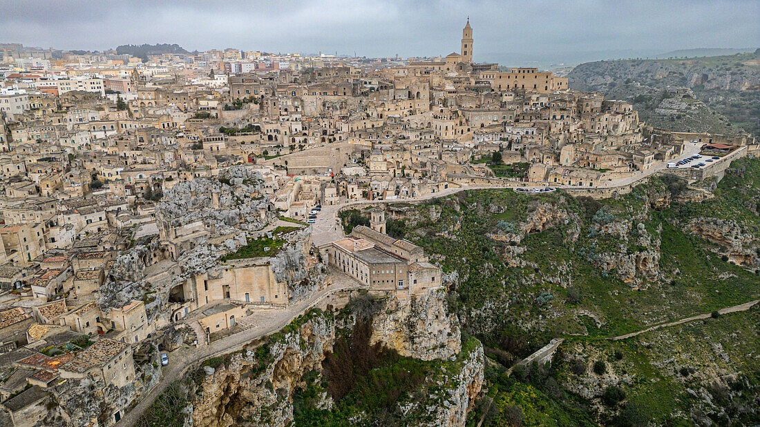 Aerial of Sassi di Matera, UNESCO World Heritage Site, Basilicata, Italy, Europe