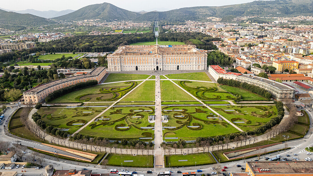 Aerial of the Reggia di Caserta (Royal Palace of Caserta), UNESCO World Heritage Site, Campania, Italy, Europe