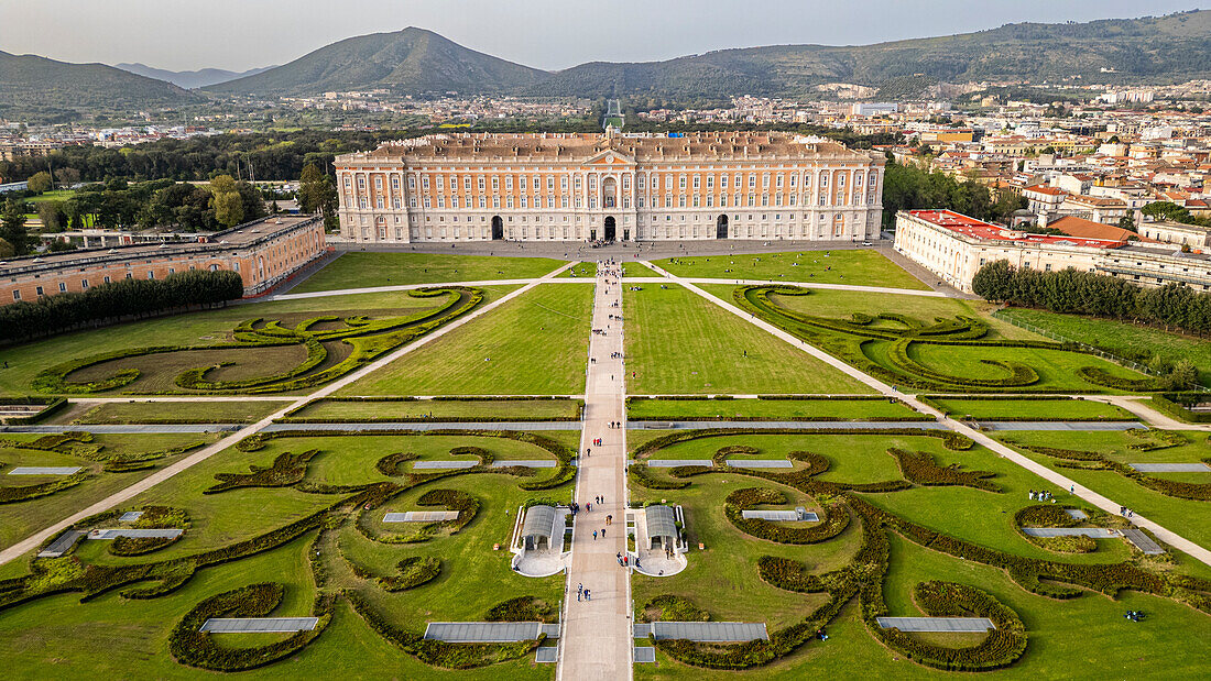 Aerial of the Reggia di Caserta (Royal Palace of Caserta), UNESCO World Heritage Site, Campania, Italy, Europe