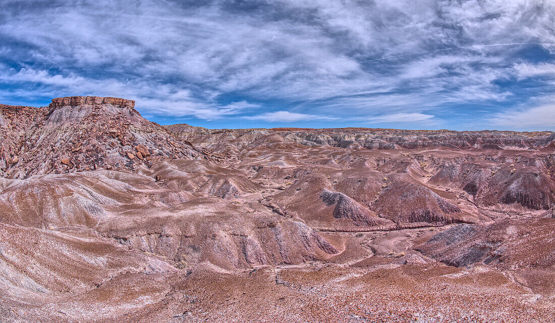 Purple hills of volcanic bentonite near Hamilili Point on the south end of Petrified Forest National Park, Arizona, United States of America, North America