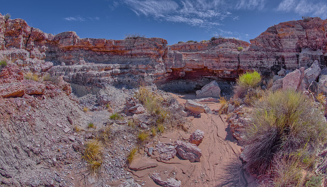 A dry waterfall in Crystal Creek below Crystal Mesa west of Hamilili Point in Petrified Forest National Park, Arizona, United States of America, North America