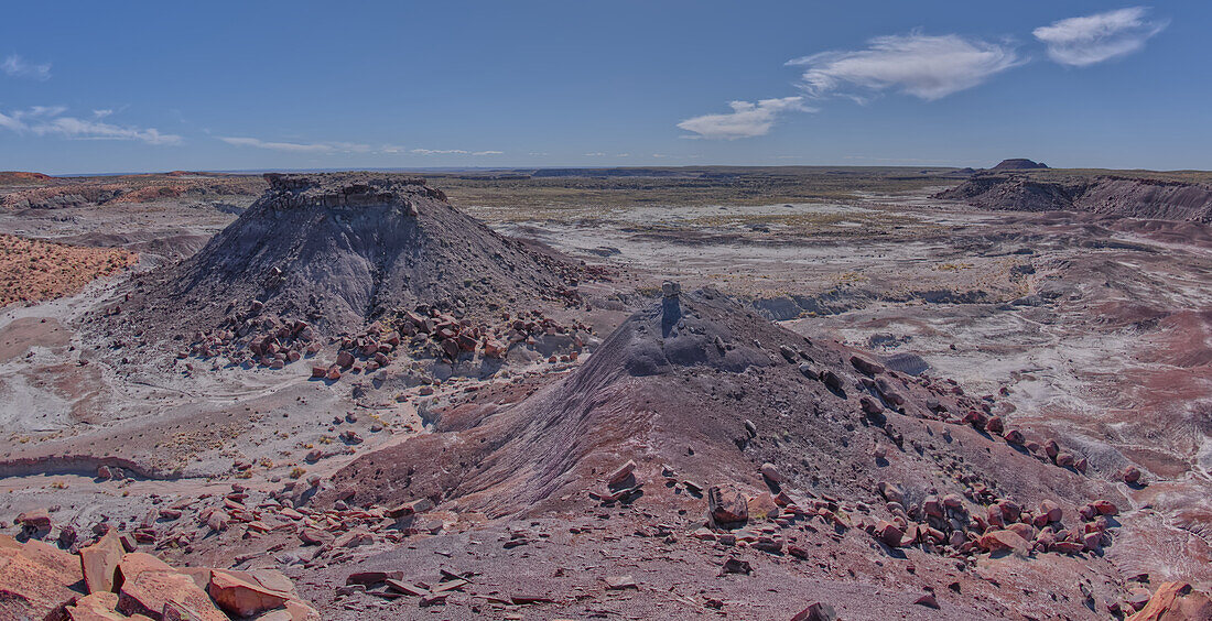 View of Anvil Hill and Crystal Butte from the summit of Crystal Mesa west of Hamilili Point in Petrified Forest National Park, Arizona, United States of America, North America