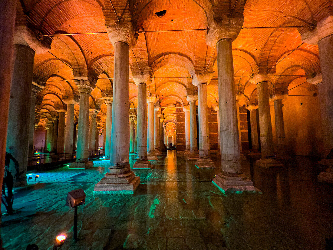 Basilica Cistern with an orange illumination, Istanbul, Turkey, Europe