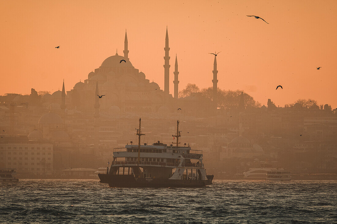 Ein Boot auf dem Bosporus und die Süleymaniye-Camii-Moschee, Istanbul, Türkei, Europa