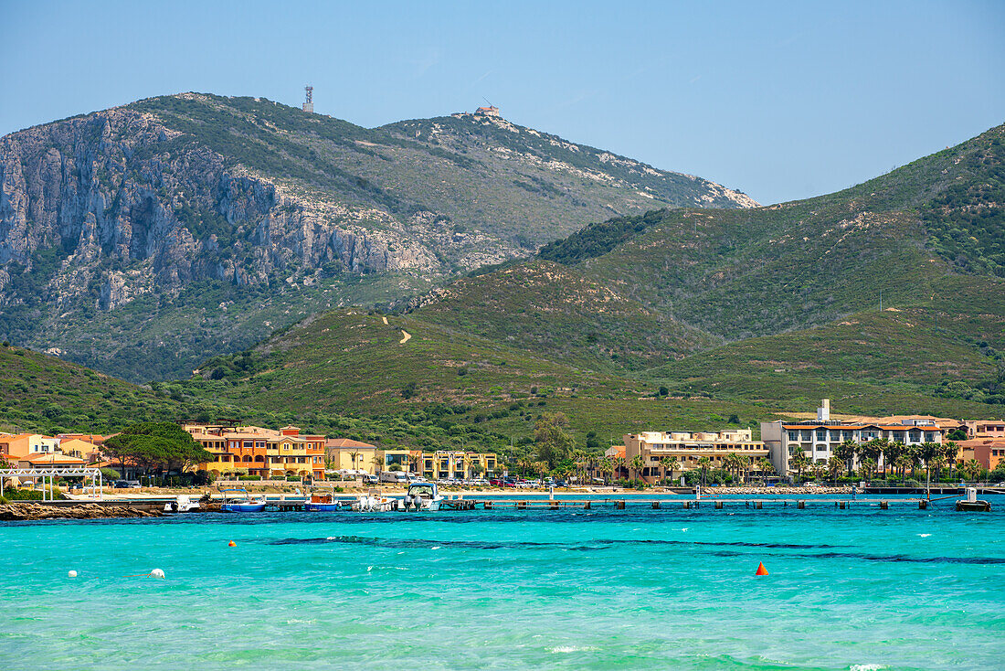 Golfo Aranci view from the other side of the bay with turquoise water, Sardinia, Italy, Mediterranean, Europe