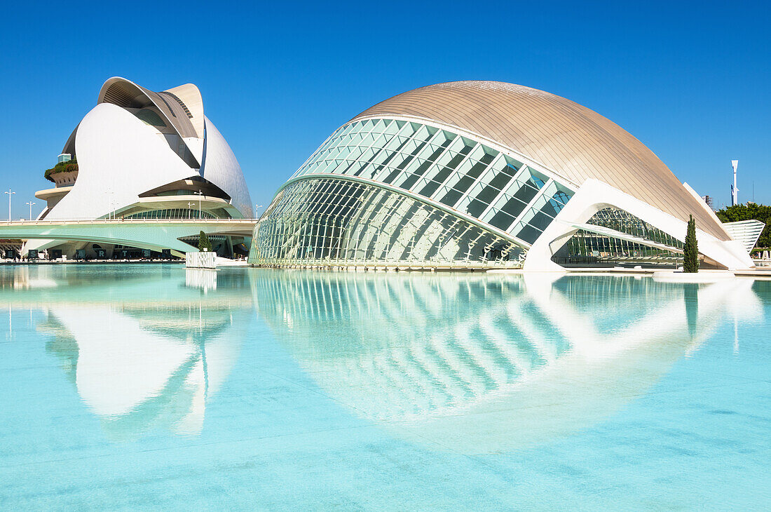 Spiegelungen des Palau de les Arts Reina Sofia (Kunstpalast Königin Sofia) und des Museu de les Ciencies Principe Felipe (Wissenschaftsmuseum Principe Felipe) der Ciudad de las Artes y las Ciencias (Stadt der Künste und Wissenschaften), Valencia, Spanien, Europa