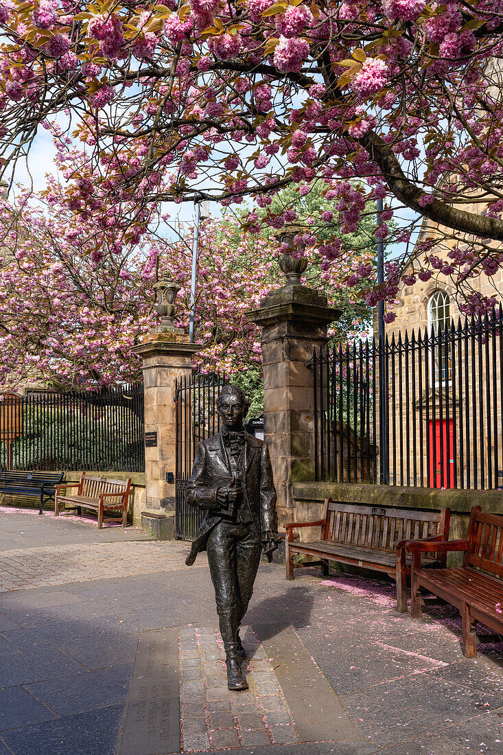 Statue des Dichters Robert Fergusson von David Annand vor der Canongate Kirk, Kirschblütenzeit, Edinburgh, Schottland, Vereinigtes Königreich, Europa