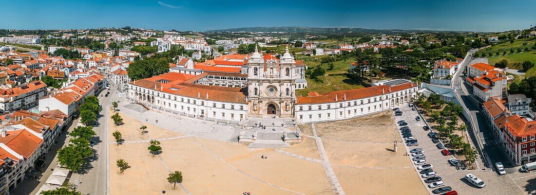 Aerial drone panoramic view of the Alcobaca Monastery (Alcobasa Monastery), UNESCO World Heritage Site, a Catholic monastic complex, Alcobaca, central Portugal, Eurpe