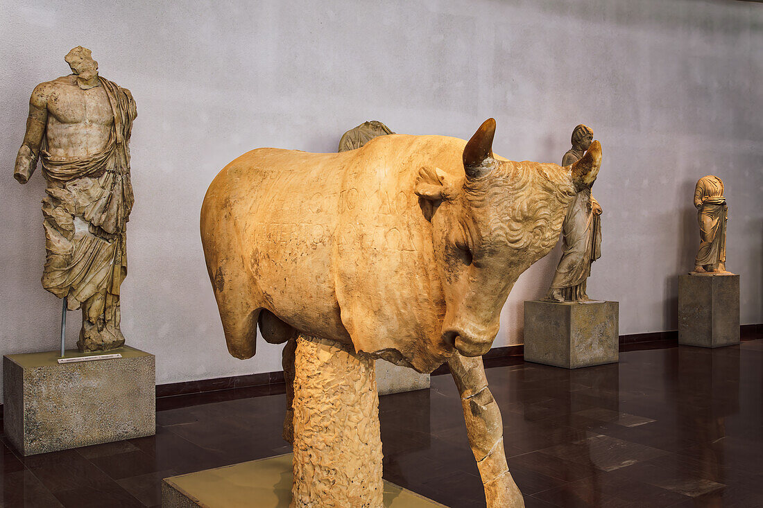 Exhibits on display inside the Archaeological Museum of Olympia, Peloponnese, Greece, Europe