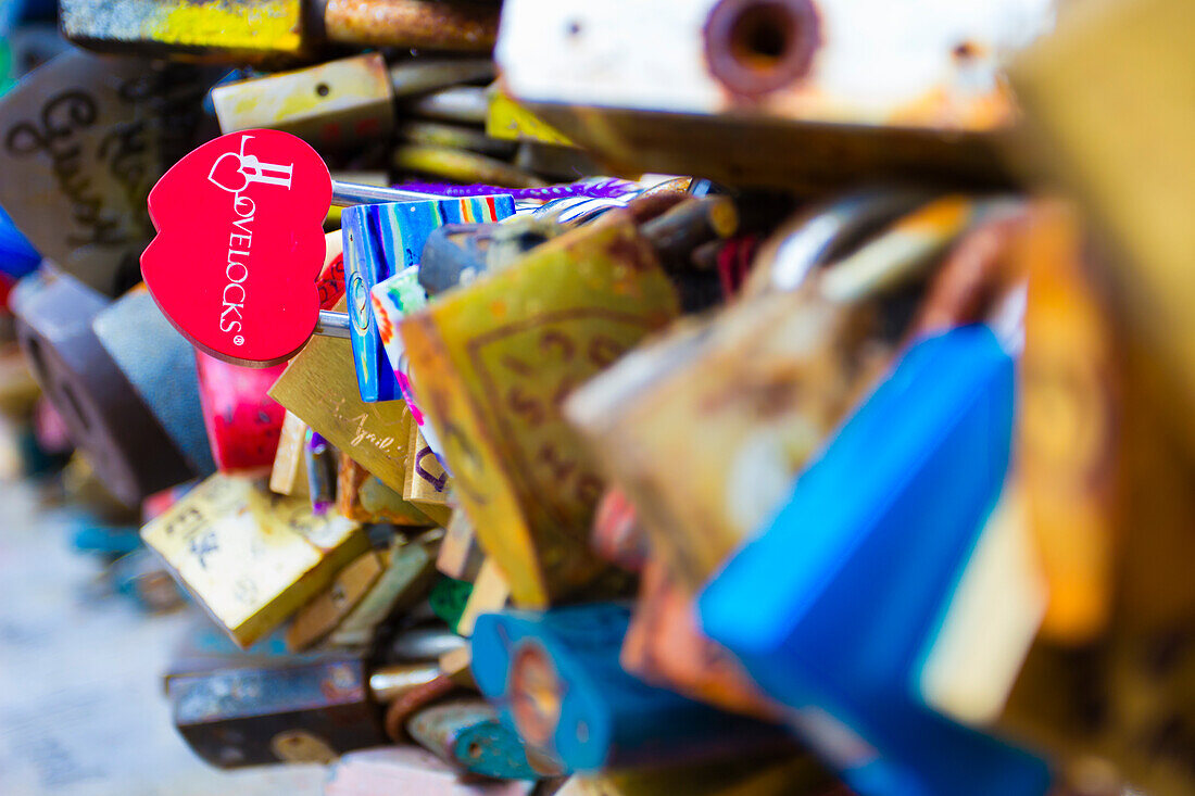 Detail of love locks attached to railings near Charles Bridge, Old Town, Prague, Czech Republic (Czechia), Europe