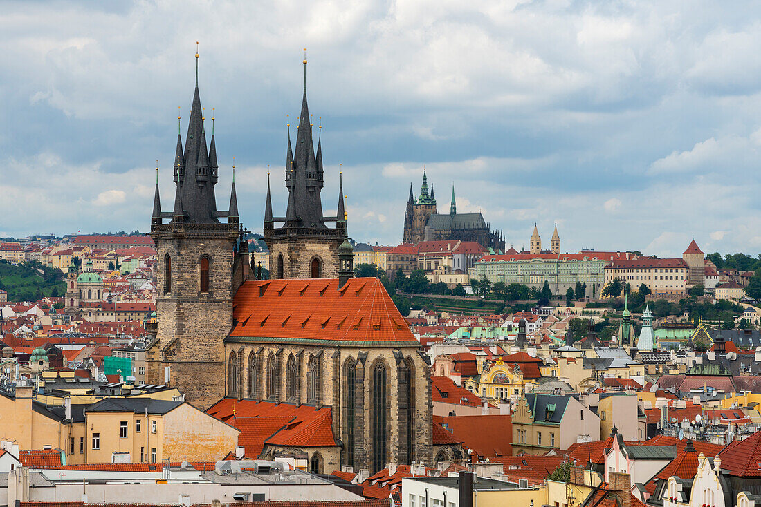 Church of Our Lady Before Tyn and Prague Castle as seen from Powder Tower, UNESCO World Heritage Site, Prague, Bohemia, Czech Republic (Czechia), Europe