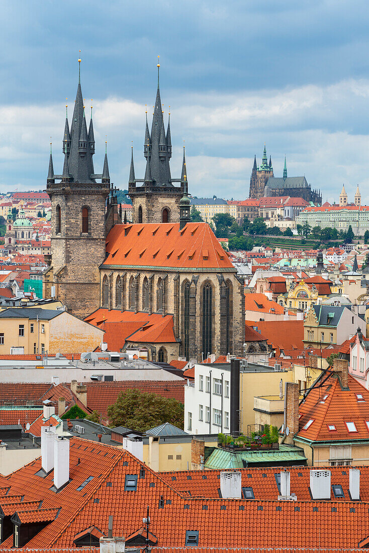 Church of Our Lady Before Tyn and Prague Castle as seen from Powder Tower, UNESCO World Heritage Site, Prague, Bohemia, Czech Republic (Czechia), Europe