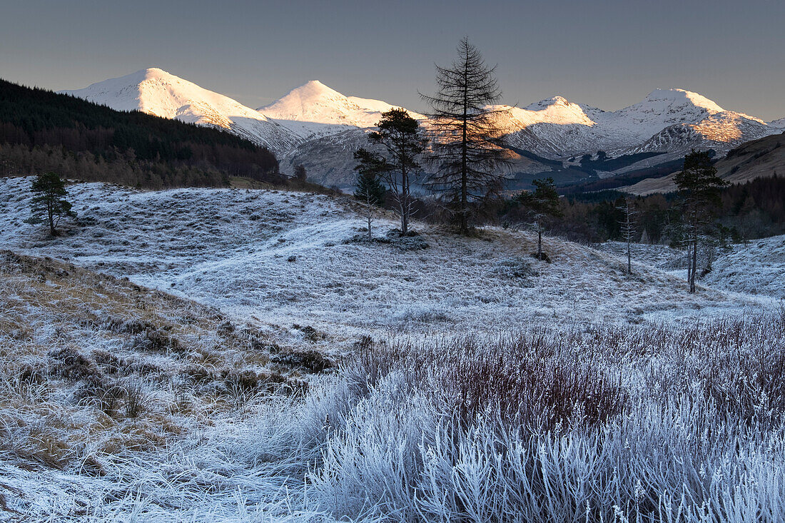 Last light on Ben More and the Crianlarich Hills in winter, Loch Lomond and Trossachs National Park, Scottish Highlands, Scotland, United Kingdom, Europe