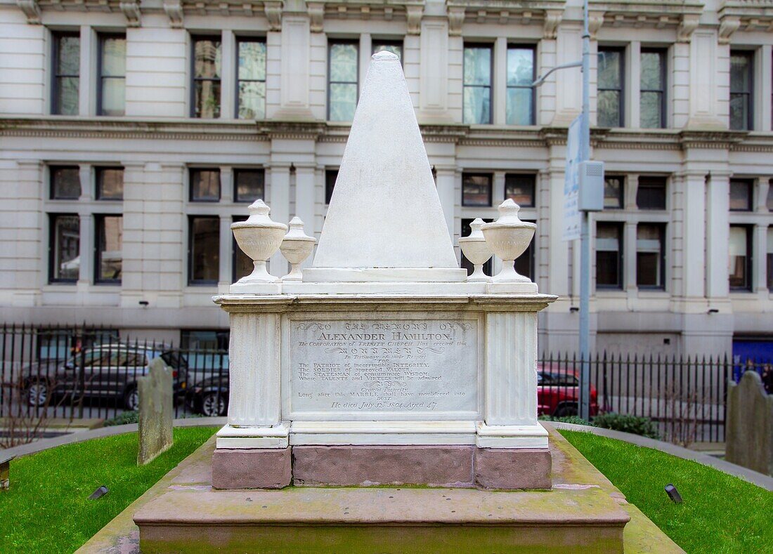 The tomb of Alexander Hamilton, 1755-1804, American statesman, soldier and Founding Father, inspiration for the hit Broadway musical Hamilton, Trinity Church, Broadway, New York, United States of America, North America