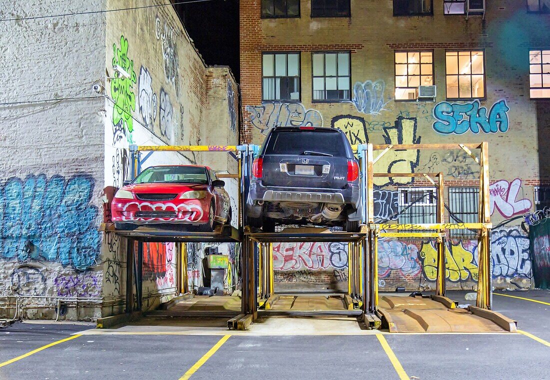 Lower Manhattan parking lot at night, New York, United States of America, North America