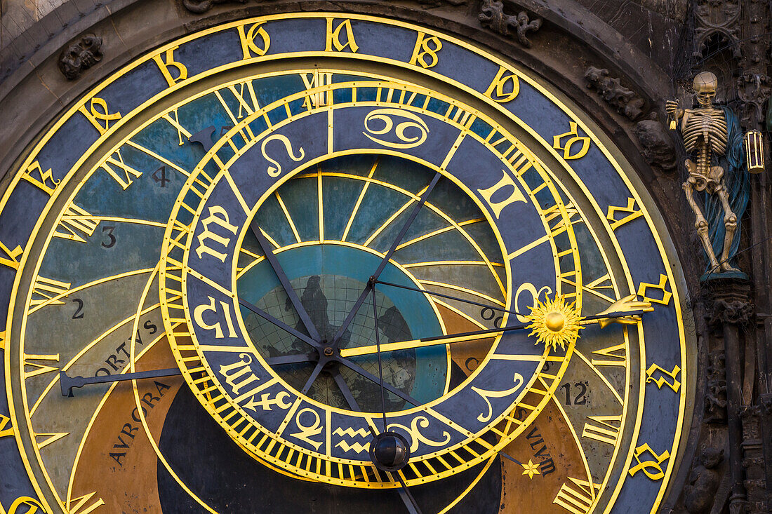 Detail of Astronomical Clock on Old Town Square, UNESCO World Heritage Site, Old Town, Prague, Czechia, Europe