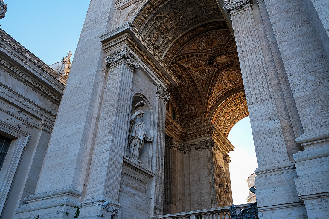 Architectural detail of St. Peter's Basilica, featuring the iconic Vatican obelisk at its center, Vatican City, UNESCO World Heritage Site, papal enclave in Rome, Lazio, Italy, Europe