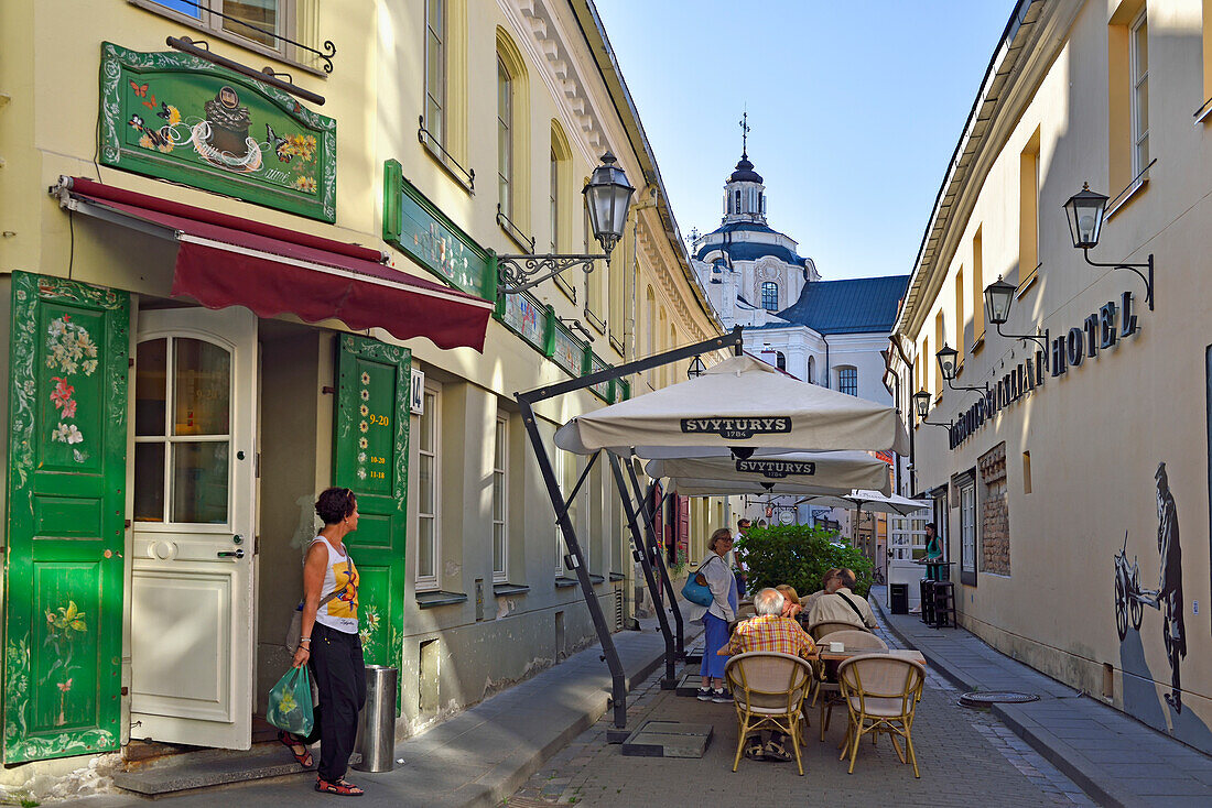 Terrace and facade of the restaurant Poniu Laime in Stikliu street, Vilnius, Lithuania, Europe