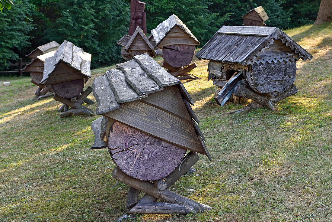 Ancient beehives in the Beekeeping Museum, Stripeikiai, Aukstaitija National Park, Lithuania, Europe