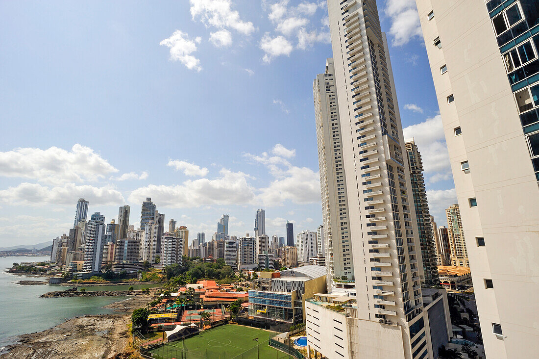 View over the Paitilla area from the Trump Ocean Club International Hotel and Tower Panama, Punta Pacifica area, Panama City, Republic of Panama, Central America