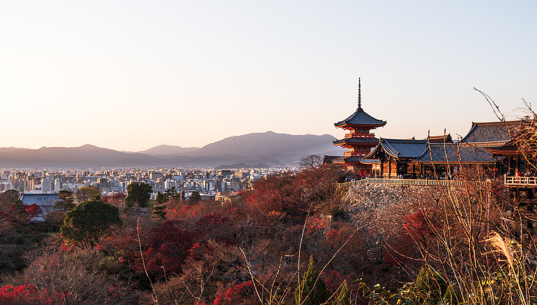 Kiyomizu-Tempel (Kiyomizu-dera) im abendlichen Sonnenuntergang und Herbstlandschaft mit leuchtenden Farben und Panorama der Stadtsilhouette, UNESCO-Welterbe, Kyoto, Honshu, Japan, Asien