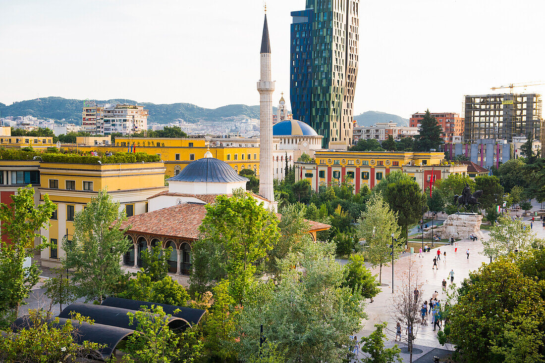 Aerial view of Skanderbeg Square (Sheshi Skenderbej), Tirana Centre, Albania, Europe