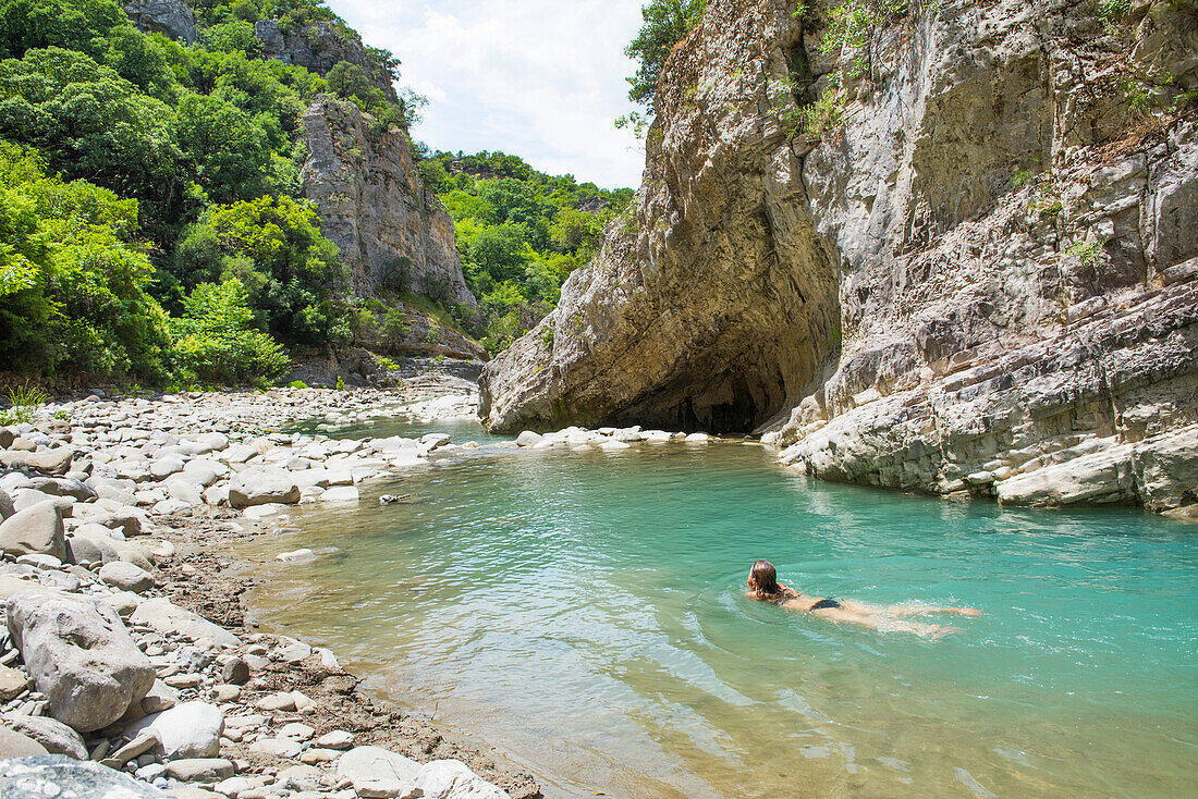 Bathing in the Vjosa (Vjose) River, Langarice Canyon, Albania, Europe