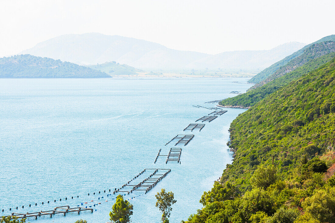 Bouchot-Muschelfarmen im Butrint-See in Ksamil, nahe Saranda, Ionische Küste, Albanien, Europa