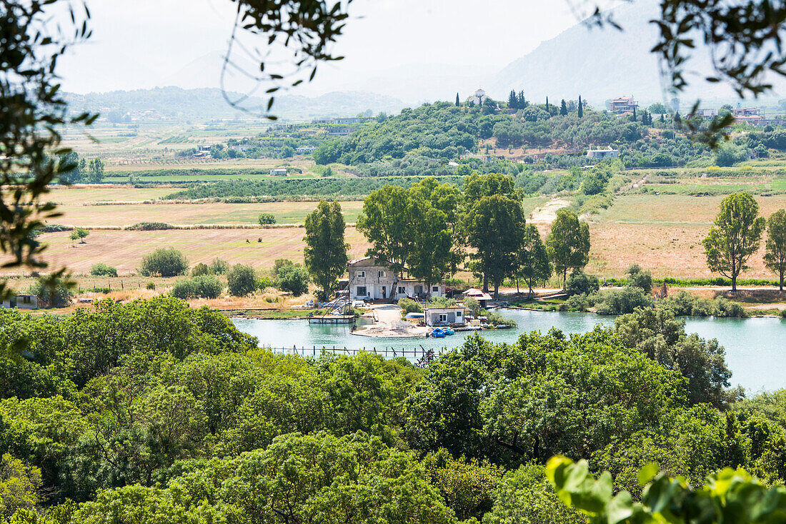 View of the surroundings of the village of Shendelli from the Acropolis of Archaeological site of Butrint, near Saranda, on the Ionian coast, Albania, Europe