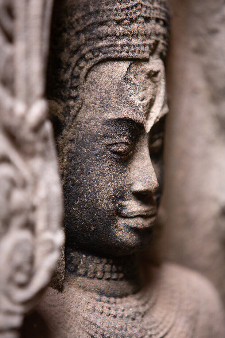 Detail der geschnitzten Fassade des Bayon-Tempels, Komplex Angkor Wat, UNESCO-Weltkulturerbe, Kambodscha, Indochina, Südostasien, Asien