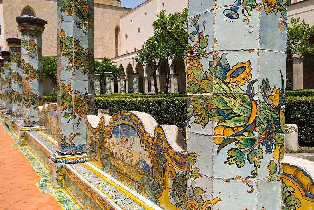 Cloister of the Clarisses, with the unique addition of majolica tiles in Rococo style, Santa Chiara complex, Naples, Campania region, Italy, Europe