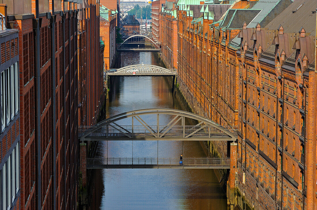 Aerial view of the Brookfleet canal in the Speicherstadt (City of Warehouses), HafenCity district, Hamburg, Germany, Europe