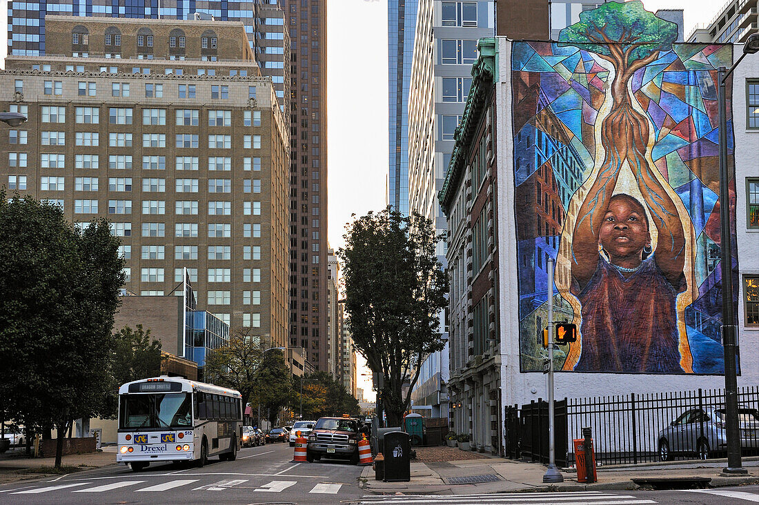 Reach High and You Will Go Far, von Josh Sarantitis, Wandbild, Arch and 20th Streets, Mural Arts Program, Philadelphia, Commonwealth of Pennsylvania, Vereinigte Staaten von Amerika, Nordamerika