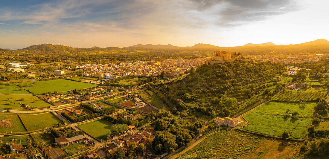 Aerial view of hilltop Santuari de Sant Salvador church in Arta, Majorca, Balearic Islands, Spain, Mediterranean, Europe