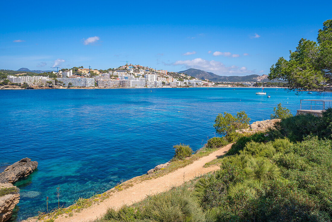 Blick auf felsige Küste am türkisfarbenen Meer und Santa Ponsa, Mallorca, Balearen, Spanien, Mittelmeer, Europa