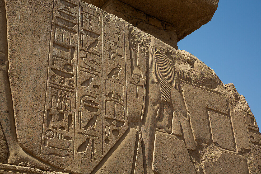 Basrelief, Hiereoglyphen, Karnak-Tempelkomplex, UNESCO-Welterbe, Luxor, Ägypten, Nordafrika, Afrika