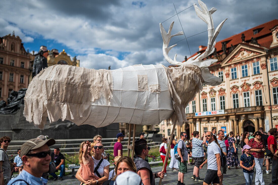 Parade of puppets from Marián Square to Old Town Square during the Prague Street Theatre Festival Behind the Door, Prague, Czech Republic