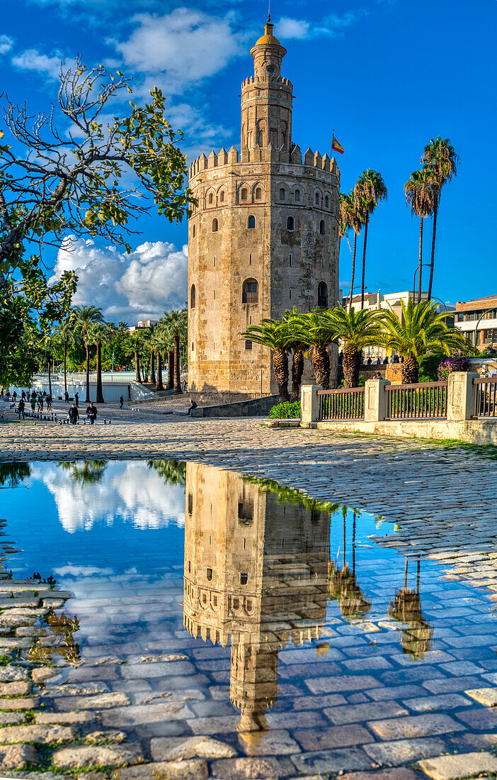 Atemberaubender Blick auf den Torre del Oro, der sich in einer Pfütze nach einem Regenguss in Sevilla, Spanien, spiegelt. Der klare blaue Himmel hebt die leuchtenden Farben und historischen Details hervor.