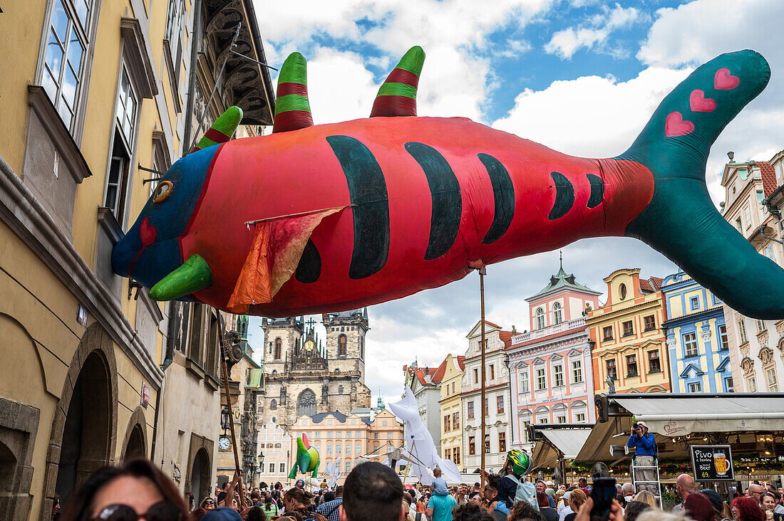 Parade of puppets from Marián Square to Old Town Square during the Prague Street Theatre Festival Behind the Door, Prague, Czech Republic