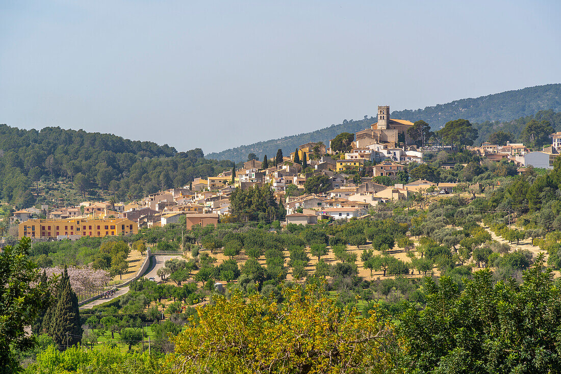 Blick auf die auf einem Hügel gelegene Stadt Selva, Mallorca, Balearen, Spanien, Mittelmeer, Europa