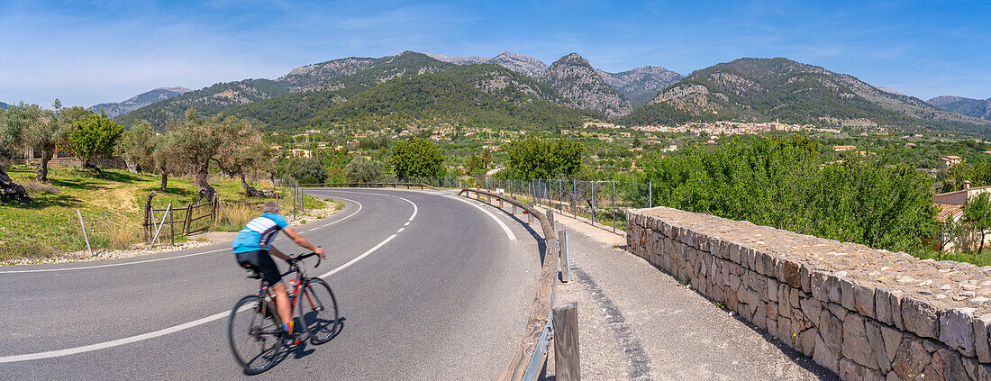 Blick auf Radfahrer in der Nähe von Caimari und Weinberg, Mallorca, Balearen, Spanien, Mittelmeer, Europa